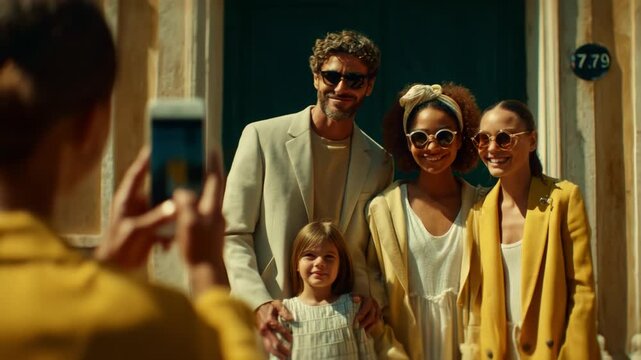 A joyful family gathering captured in vibrant sunlight, showcasing stylish outfits and happy smiles as they pose for a memorable photo in front of a charming door.