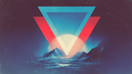 A realistic mountain against a background of triangles - concept poster. Vaporwave style poster. Geometric abstract digital illustration.