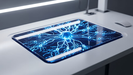 A close up of a medical test tube integrates with digital screen technology and web design to illustrate a modern laboratory communication concept on a laptop monitor