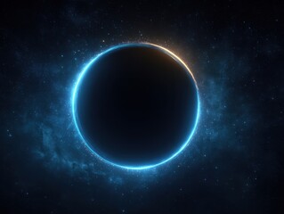 Fototapeta premium A dark circle, surrounded by glowing blue and orange light, in a starry space background