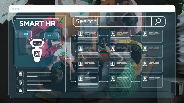 Aerial view of people collaborating in a modern workspace, using AI technology for human resources, showcasing innovative solutions for recruitment and management. Raster