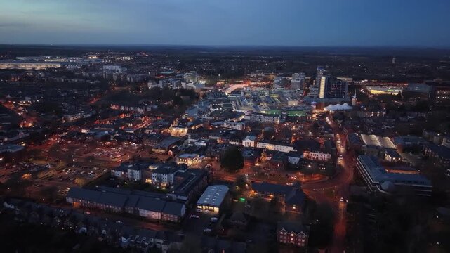 Elevated twilight capture of Basingstoke's town centre with commercial and residential areas