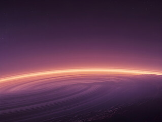 Vibrant orange sunset over purple planet landscape with glowing horizon in space, astronomy concept, beautiful celestial scene