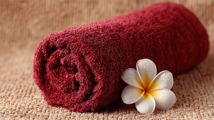 Soft Red Towel Rolled with White Flower on Brown Textured Background