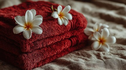 Soft Red Towels with White Flowers on Cozy Fabric Background