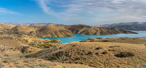 Panoramic view of the Chirkey reservoir in mountains of Dagestan Republic