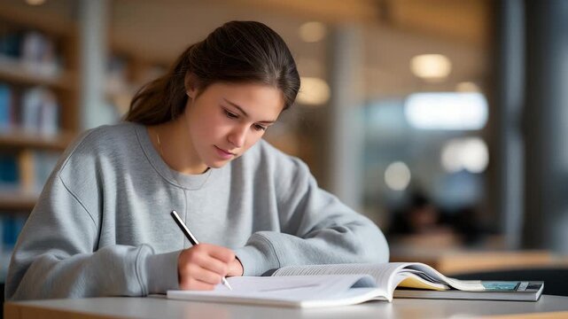 A student expanding the pages of a research binder across a library table, layering notes, printed articles, and diagrams into a fully developed project &mdash; academic growth, deep learning, and