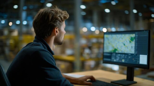 An engineer monitoring AGV traffic on a large control dashboard, digital maps displaying real-time routes and performance metrics across the entire warehouse &mdash; autonomous systems management, smart