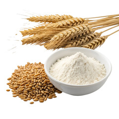Wheat grains flour and wheat ears on a black background