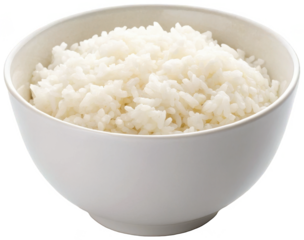 Fluffy, steamed white rice generously fills a smooth, rounded ceramic bowl with a glossy finish, presented in bright, even lighting against a stark white, isolated on transparent background.
