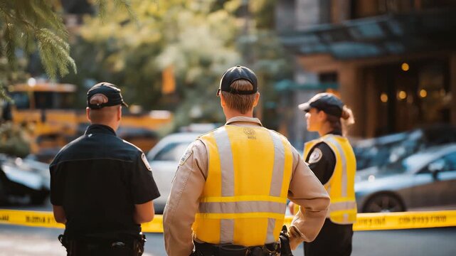 Emergency responders managing a cordoned-off area near a car crash site, with damaged vehicles and equipment visible beyond the tape &mdash; compelling visual of real-life crisis management, human