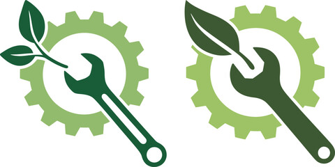 Eco Friendly Engineering Logo with Wrench and Gear Integrated with Green Leaves