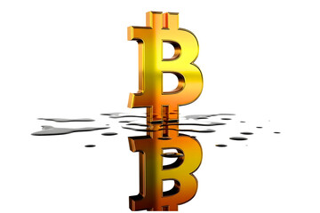 Golden bitcoin symbol reflecting on a wet surface, cryptocurrency concept