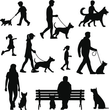 Silhouette collection of people walking dogs, children playing, and pet owners sitting on park bench, black vector icons on white background
