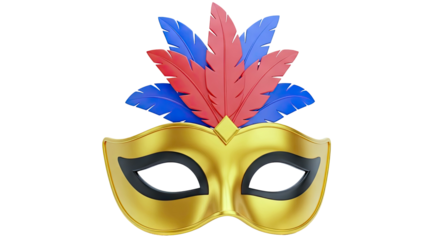 Golden Masquerade Mask with Red and Blue Feathers