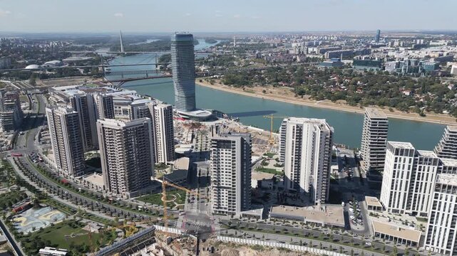 The Belgrade Waterfront, a modern district under development, Belgrade, Serbia. Aerial video.