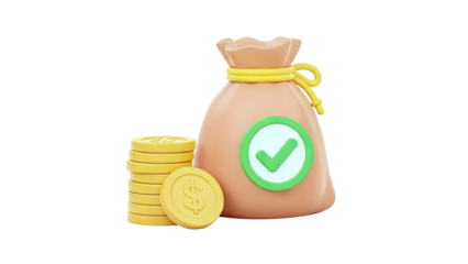 Money Bag with Coins and Checkmark Icon