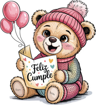 Feliz Cumple or Feliz Cumplea&ntilde;os Spanish Typography Happy Birthday Design Elegant Birthday Lettering with Balloons cake & Stars, Festive Script Calligraphy with tedy beer for tshirt t Print