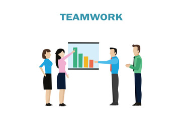 Four people in business attire discussing a colorful bar graph on a screen teamwork concept. Resizable and Editable, EPS 10.	