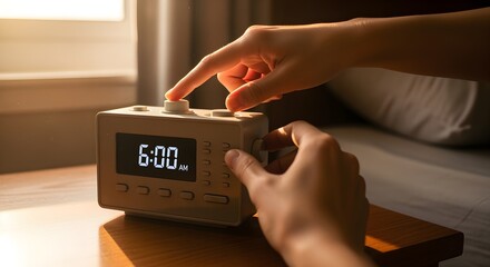 A close-up of an alarm clock showing 6:00 AM, with a hand hitting the snooze button and another determined hand turning it off, morning light streaming through a window.