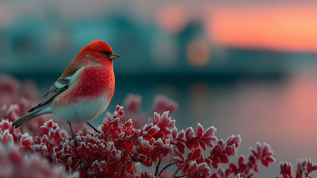 Red Finch Bird on Frosted Branches at Winter Sunset