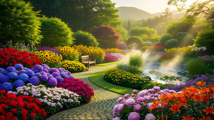 Vibrant botanical garden pathway with blooming flowers and lush greenery bathed in soft morning sunlight perfect for landscape design and nature concepts
