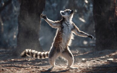 Obraz premium Ring tailed lemur standing in forest sunlight with outstretched arms