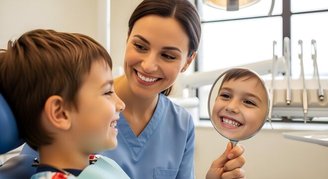 A kind dentist showing a young child their reflection with a big, shiny smile after a cleaning, both wearing smiles.