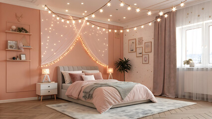 Cozy pink bedroom with string lights and decorative elements inside