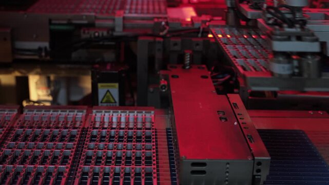 Automated robotic machine processing photovoltaic solar cells on factory production line