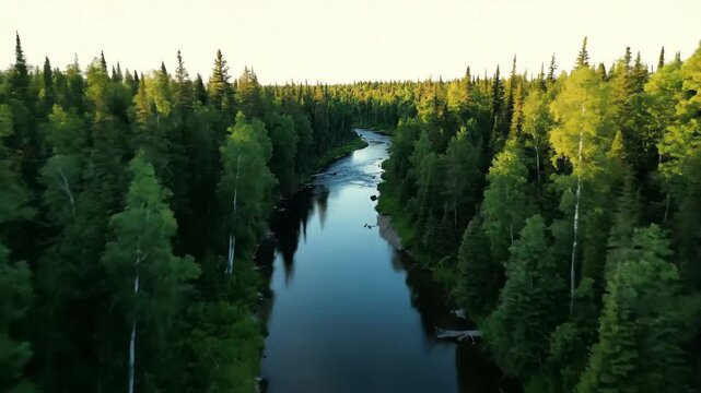 Stunning aerial view of a dark river curving through a vast, dense boreal forest landscape illuminated by golden sunlight.