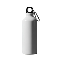 A white metal water bottle with a screw on lid and carabiner