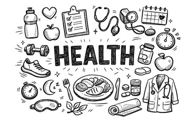 Doodle collage of health and wellness icons with the word health in the center