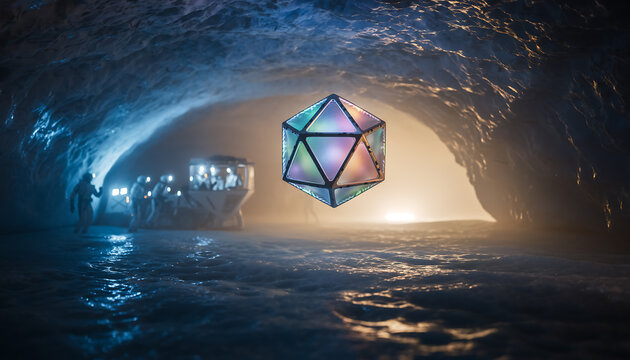 Sci-Fi First Contact with Glowing Geometric Alien Probe in Ice Cave