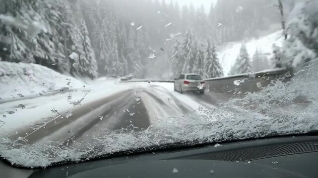 Winter scene with a windshield chip repair using adaptive materials designed to withstand freezethaw cycles in snowy cold conditions.