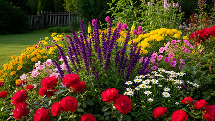 Vibrant flower garden in full bloom featuring red roses purple salvia and yellow marigolds perfect for spring and summer landscaping or nature backgrounds