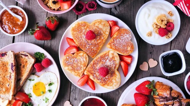 Valentines or Mothers Day brunch table scene. Slow rotating zoom motion. Top view on a dark wood background. Heart shaped pancakes, eggs and an assortment of love themed food.