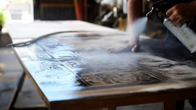 Medium shot of a craftsman spraying polymer coating on furniture displaying a matte textured surface with specialized patterns that repel stains and simplify upkeep.