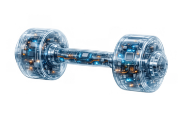 Futuristic dumbbell with advanced internal electronic circuits and glowing components symbolizing high tech fitness evolution