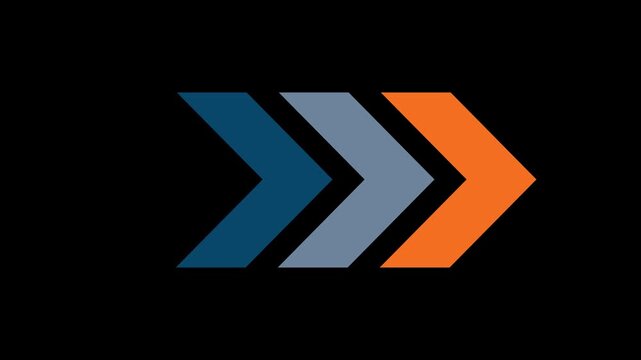 Animated chevron arrows moving forward and backward with changing colors on transparent background with alpha channel, smooth looping motion graphic for direction and progress concept,