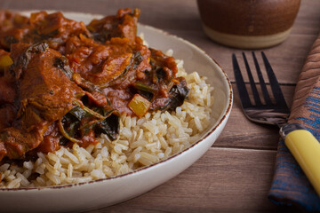 Mutton curry with brown rice.