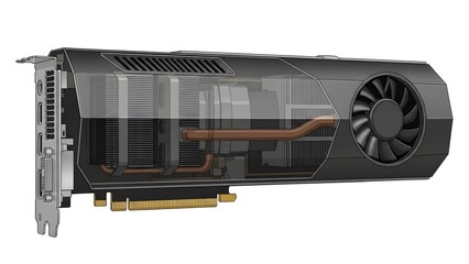 A computer graphics card with a transparent casing showing internal components