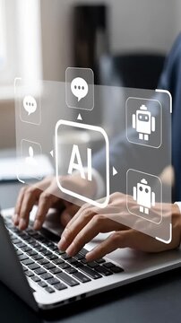 In an office space, a businessman of Asian descent works on a laptop. He analyzes data using AI tools for improving search and chat bot capabilities. His focus is on workflow automation