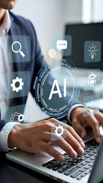 A businessman works in an office, using AI technology to analyze data and improve workflow. He utilizes tools for search, chat, and automation to enhance productivity