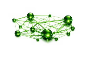 Green molecular structure representing biotechnology, science, and network connections on transparent background