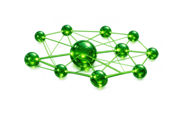 Green molecular structure forming a network of glowing spheres and connections, visualizing science, data, medicine, and research