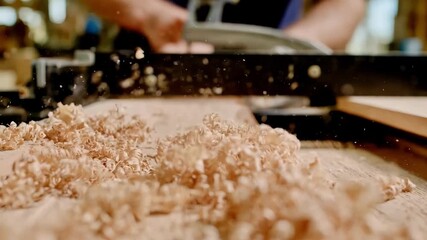 Medium shot showing the electric highspeed planer in action with wood shavings flying underlining speed and clean cuts in a professional carpentry environment