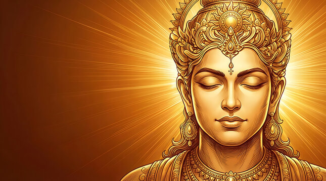 Close up golden face of sun god surya meditating with divine glow for hindu festivals surya puja surya shashti ratha saptami bhanu saptami