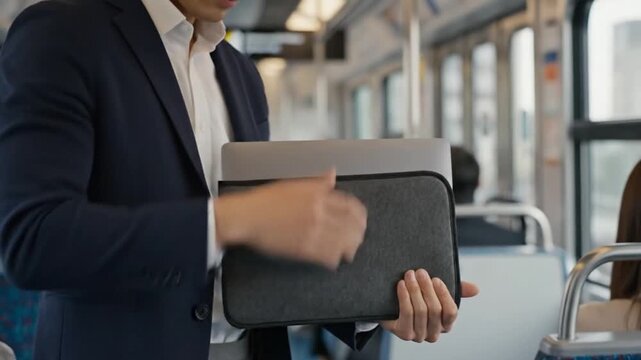 Commute Productivity: Businessman on Public Transport with Laptop
