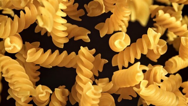 Super slow motion flying fusilli pasta dry . Filmed on a high-speed camera at 1000 fps. High quality FullHD footage